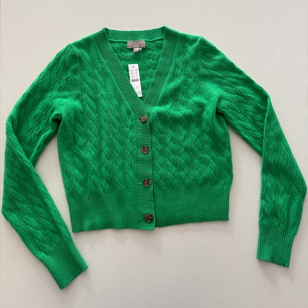 J. Crew Green Cable Knit Cropped Cardigan